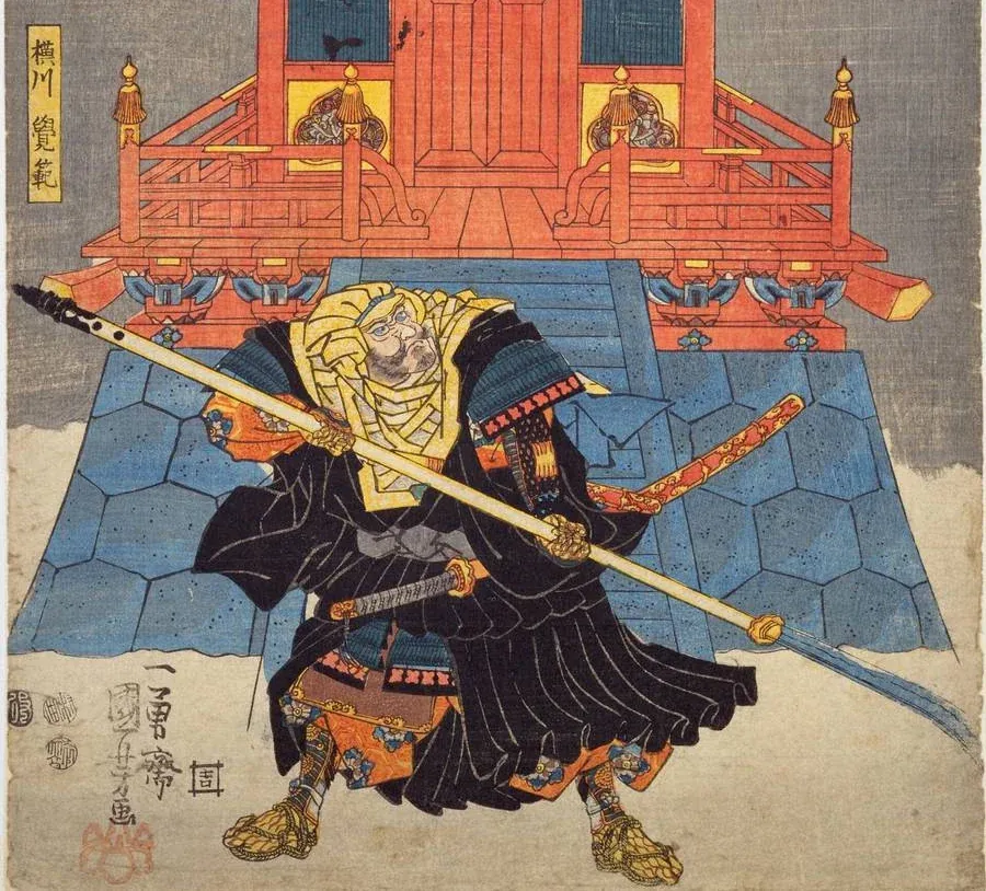 Utagawa Kuniyoshi, the warrior monk Yokokawa Kakuhan with naginata before a temple hall at Mount Yoshino (detail)