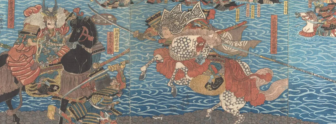 Utagawa Yoshitsuna, The Fourth Battle at Kawanakajima (detail): Takeda Shingen on a black horse faces Uesugi Kenshin on a dappled white horse, ca. 1847–52