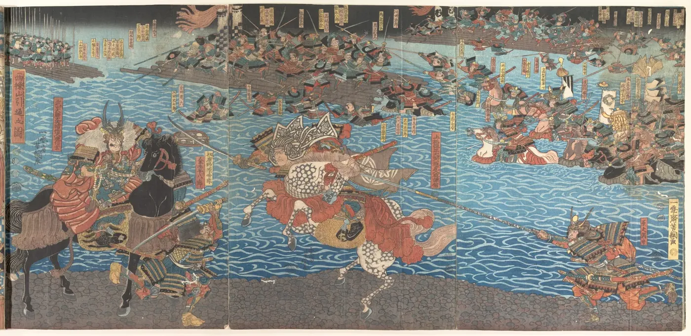 Utagawa Yoshitsuna, The Fourth Battle at Kawanakajima, full triptych