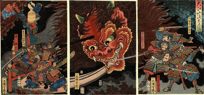 Utagawa Yoshitsuya, Ōeyama Shuten-dōji taiji triptych: Minamoto no Raikō and his warriors battle the demon Shuten-dōji, 1858